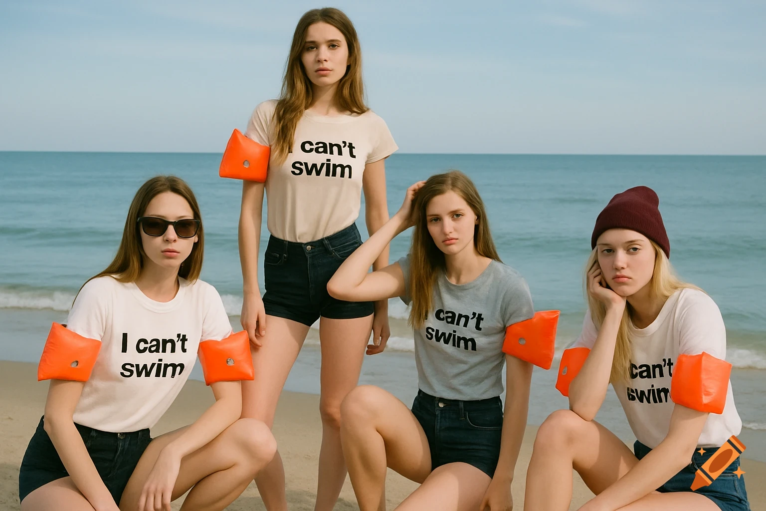 Four young female models wearing 'I can't swim' t-shirts, shorts, and arm floaties pose on a sandy beach. Photorealistic.