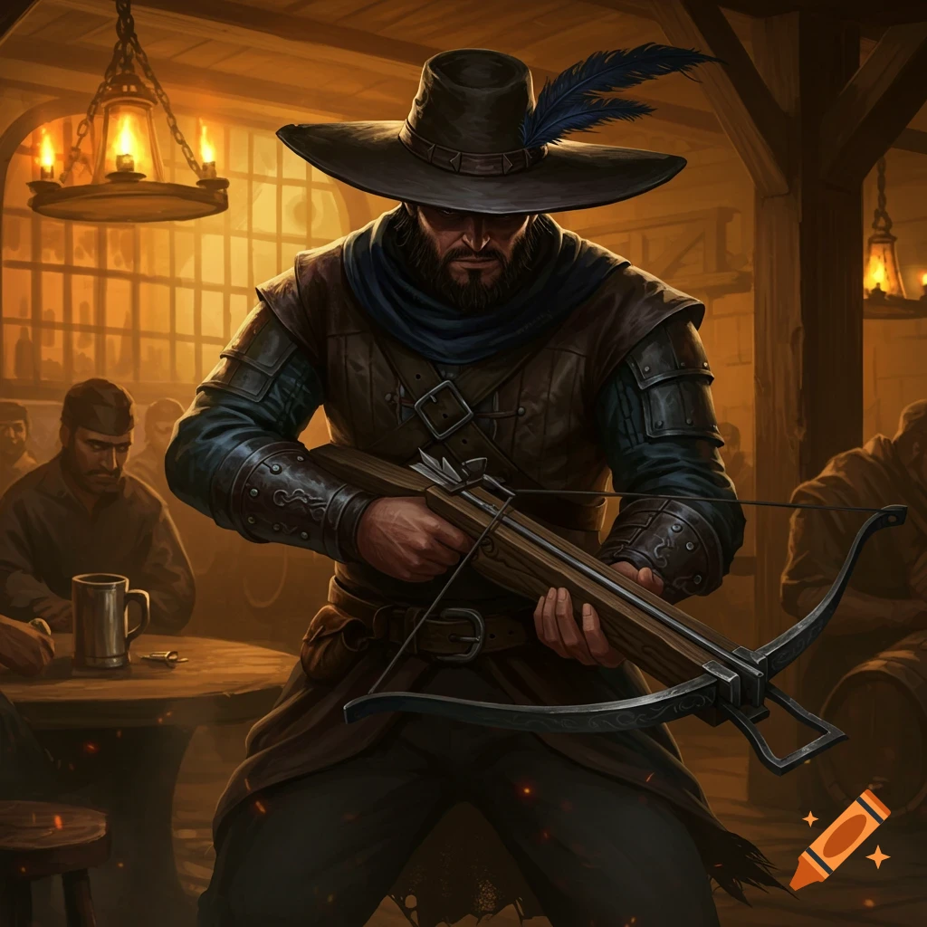 A brooding man in a wide-brimmed hat and armor holds a crossbow in a dimly lit, warm tavern.