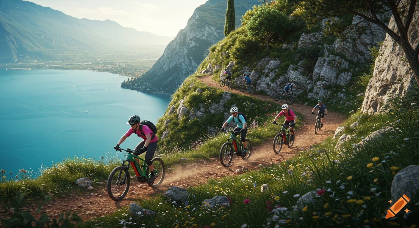 A group of mountain bikers on e-bikes ride a scenic trail overlooking a large blue lake and distant mountains.