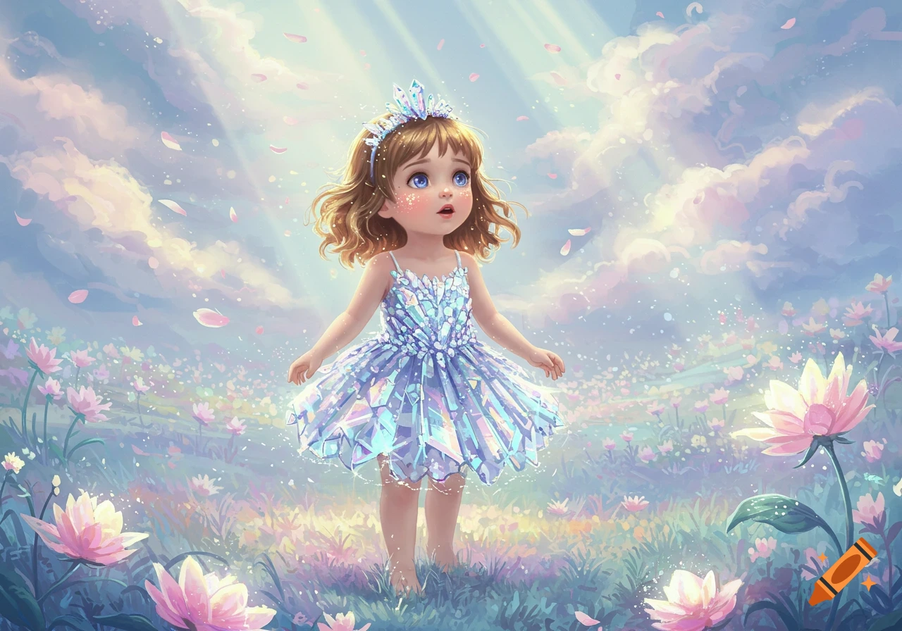 A small girl with brown hair and a crystal dress stands in a whimsical field of pink flowers under a cloudy sky with light rays.