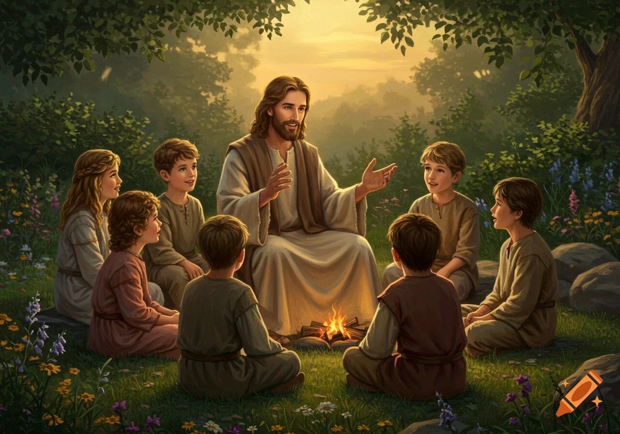 Jesus sits with children around a campfire in a lush forest at sunset, telling a story in a digital painting.