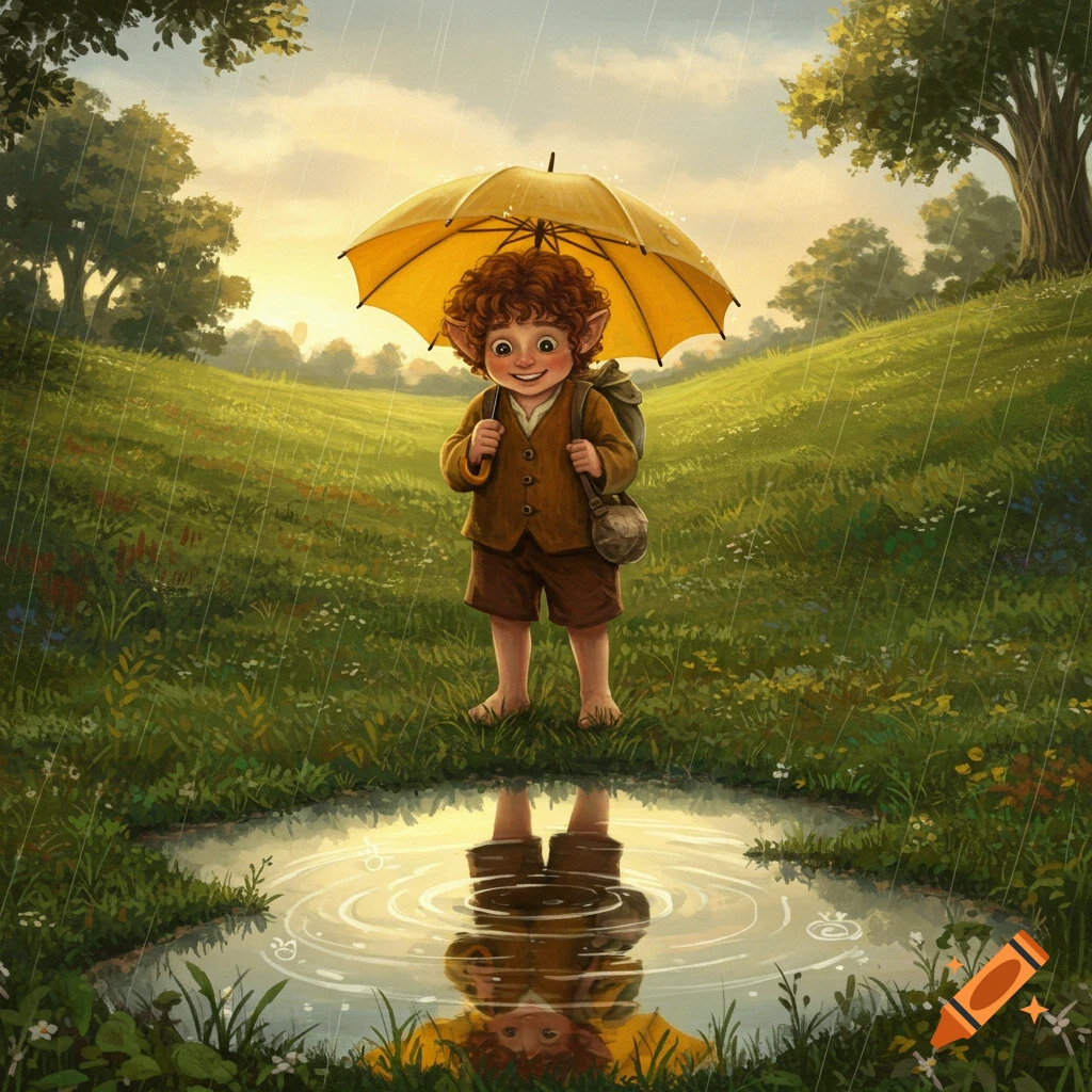 Cheerful hobbit-like child with curly hair stands barefoot in a rainy green field, holding a yellow umbrella over a reflective puddle.