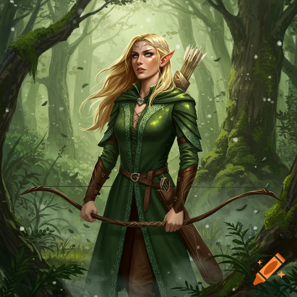 A blonde elf woman in a green tunic holds a bow with a serious expression in an enchanted forest.