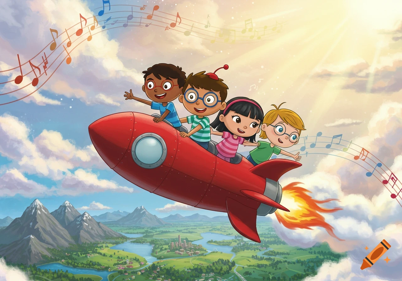 Four diverse cartoon children riding a red rocket over a green landscape with mountains, under a sunny sky with musical notes.