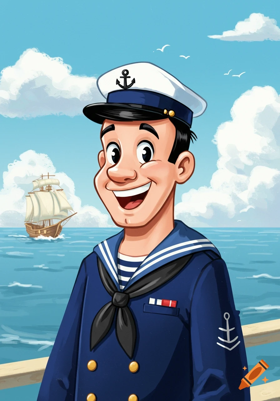 A cheerful cartoon sailor in a 1960s style smiles broadly on a ship deck, with an old sailing ship in the background.