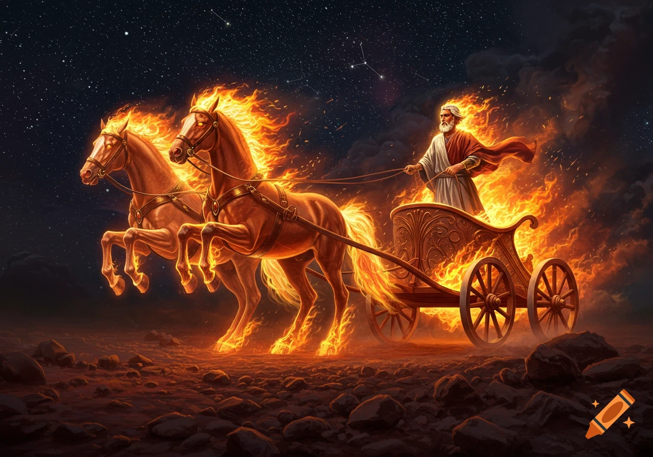 Prophet Elijah rides a fiery chariot pulled by two horses of fire across a rocky landscape under a starry night sky.