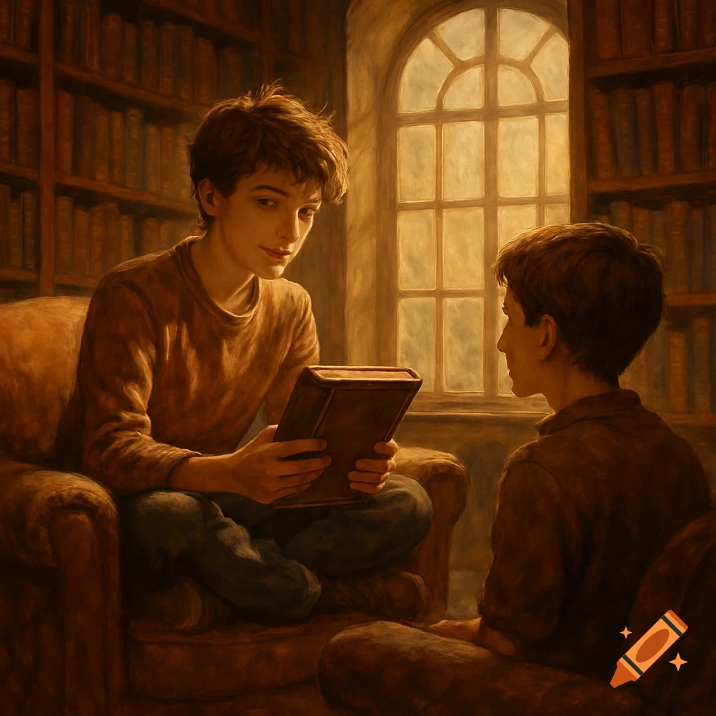 Two young men in a warm, painterly library. One sits holding a book, looking at the other who sits listening.