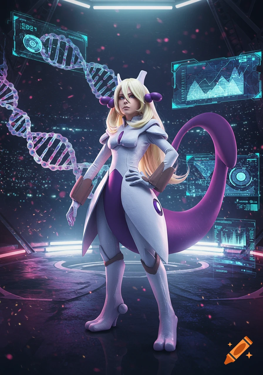 A woman cosplaying Mewtwo stands in a futuristic laboratory, surrounded by glowing holographic displays and DNA strands.