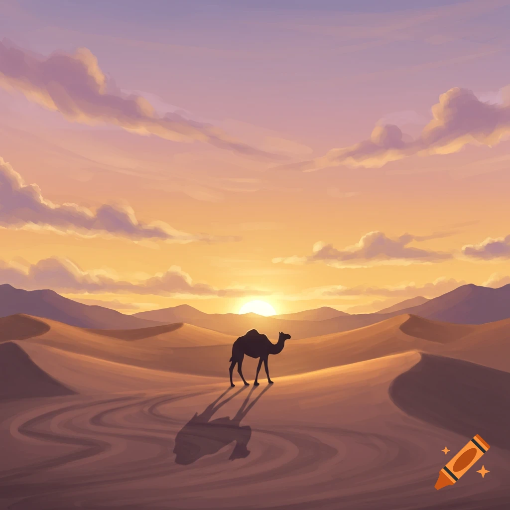 An illustration of a camel walking across desert sand dunes at sunset.