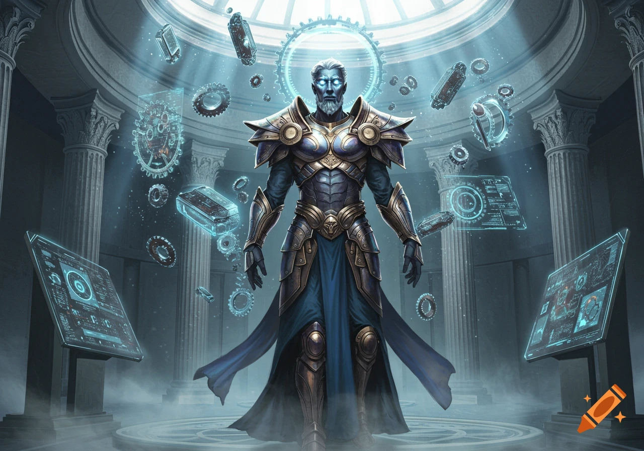 A powerful armored figure with glowing eyes stands amidst futuristic holographic displays and floating gears in a grand hall.