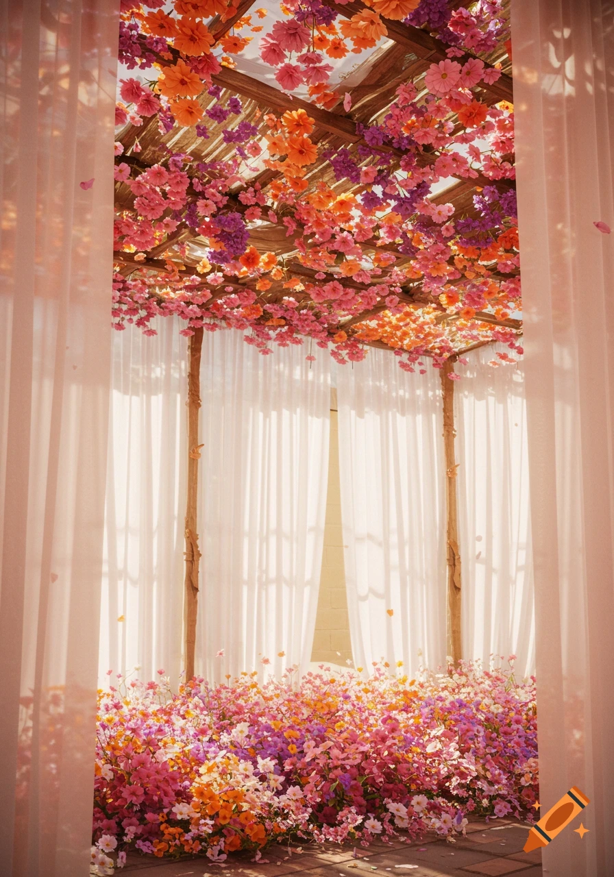 A vibrant pergola adorned with pink and orange flowers and white sheer curtains, with a floor covered in colorful blossoms.