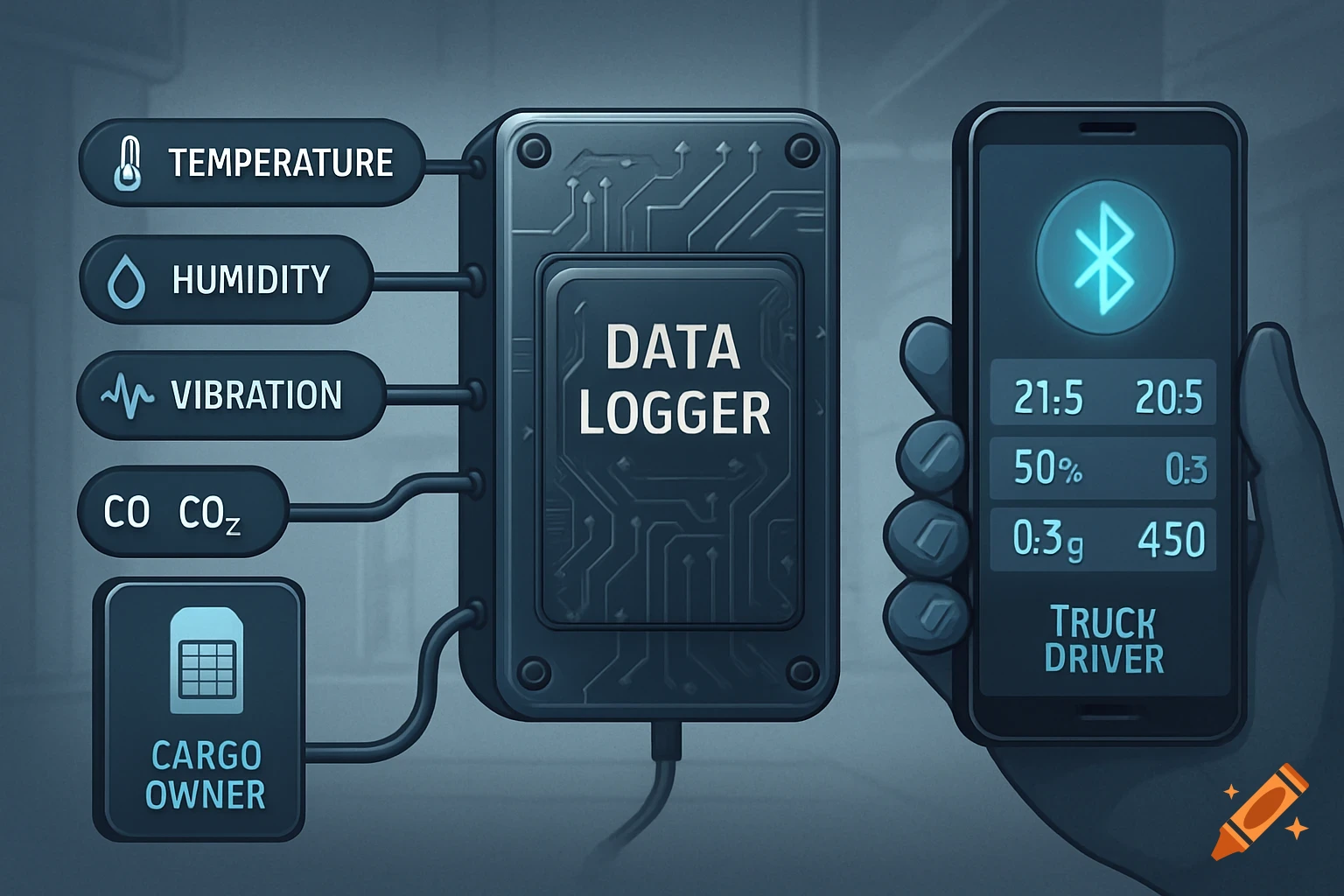 An illustration of a data logger device connected to sensors for temperature, humidity, vibration, and carbon dioxide. A smartphone displays data via Bluetooth for a truck driver, and another element indicates access for a cargo owner via SIM card.