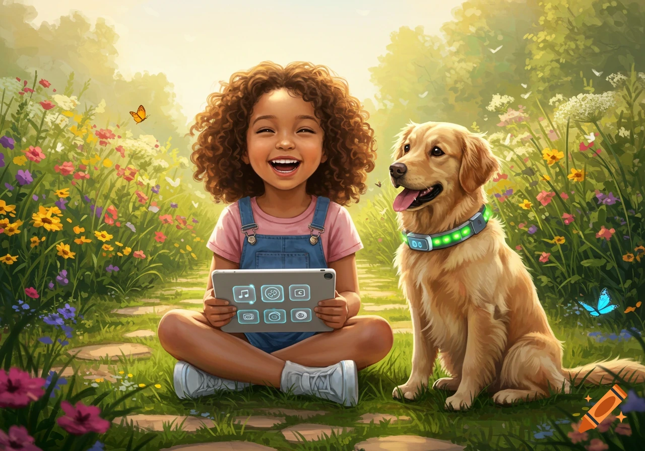 A happy little girl with curly hair and her golden retriever with a glowing collar sit in a vibrant flower garden. The girl holds a tablet.