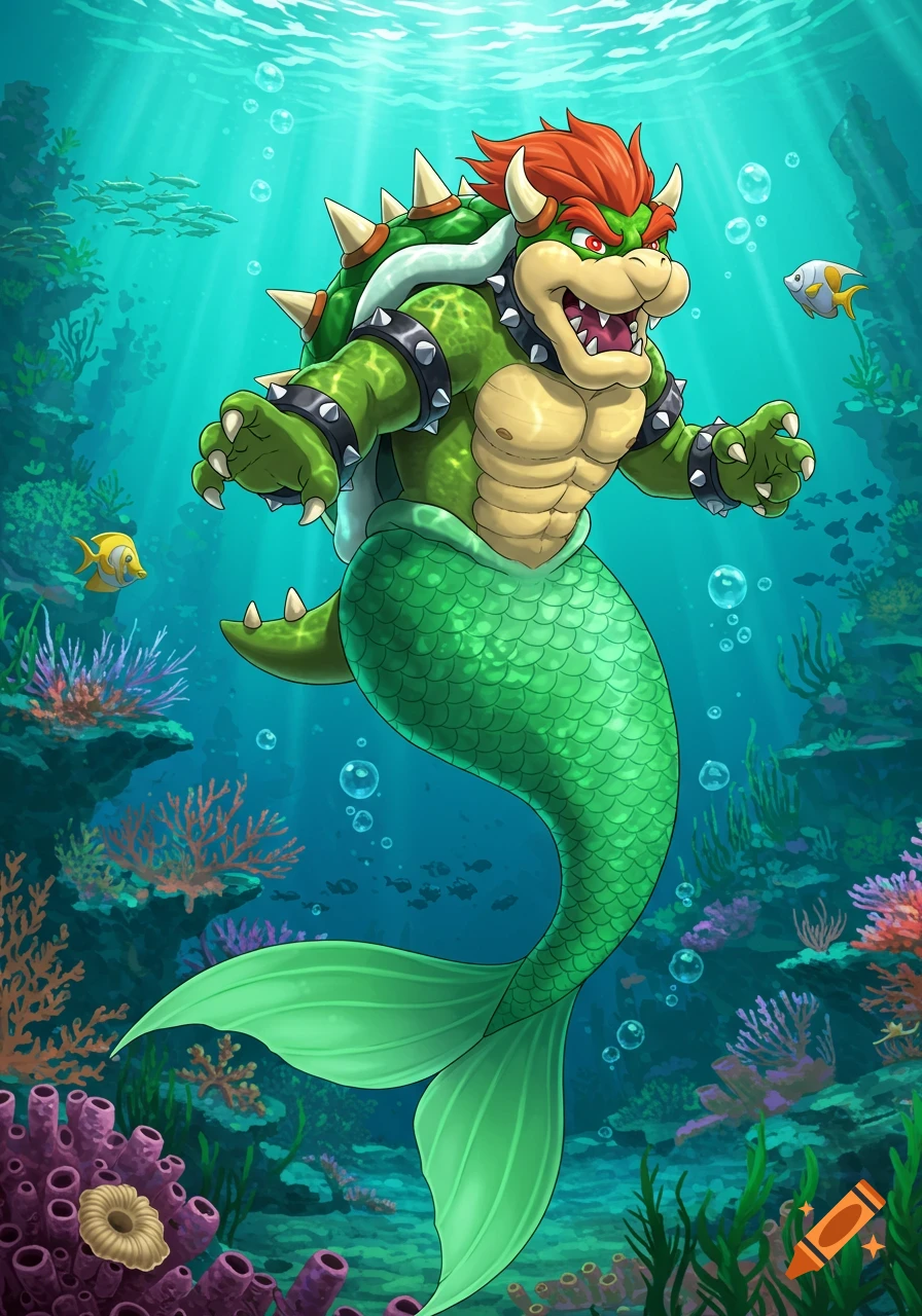 Bowser as a green-tailed merman swims underwater in a vibrant coral reef, rendered in an anime art style.