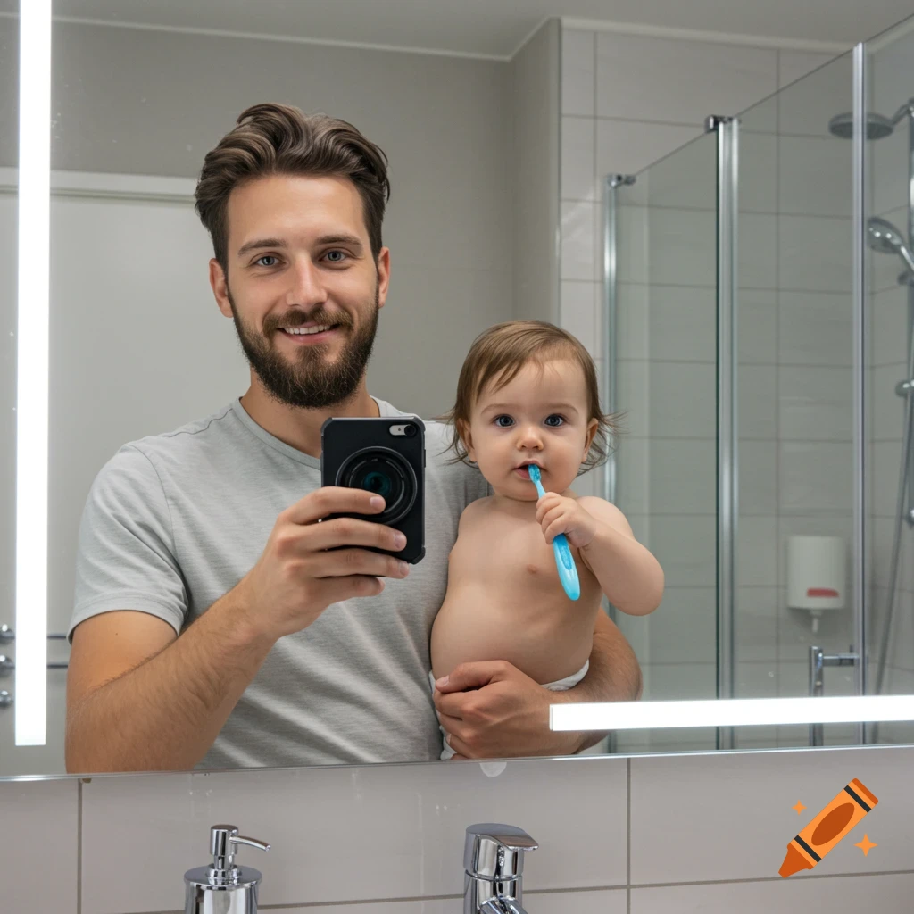 Photorealistic selfie of a smiling man in a bathroom holding a baby brushing its teeth with a blue toothbrush.