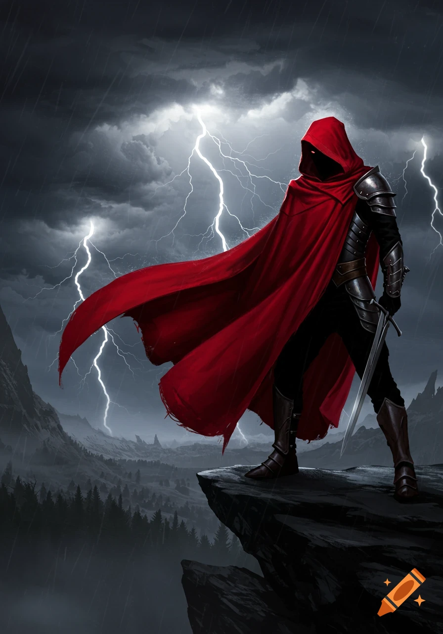 A hooded figure in black armor and a flowing red cape stands on a cliff during a lightning storm, overlooking a misty mountain valley.