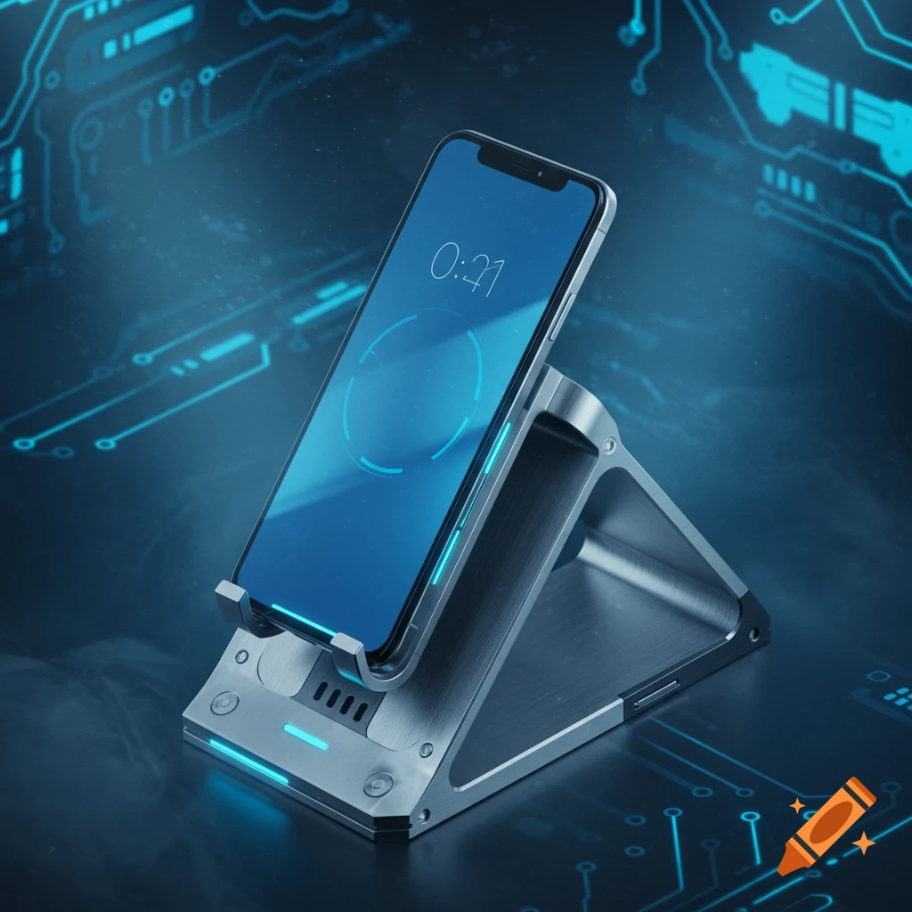 A smartphone sits in a metallic stand, displaying a blue screen with glowing tech-circuitry in the background.