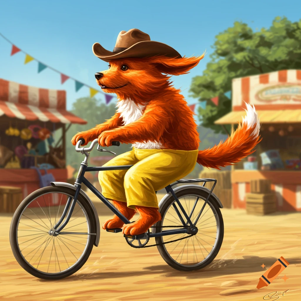 An orange anthropomorphic fox in a cowboy hat and yellow pants rides a bicycle through a sunny outdoor carnival. Illustration style.