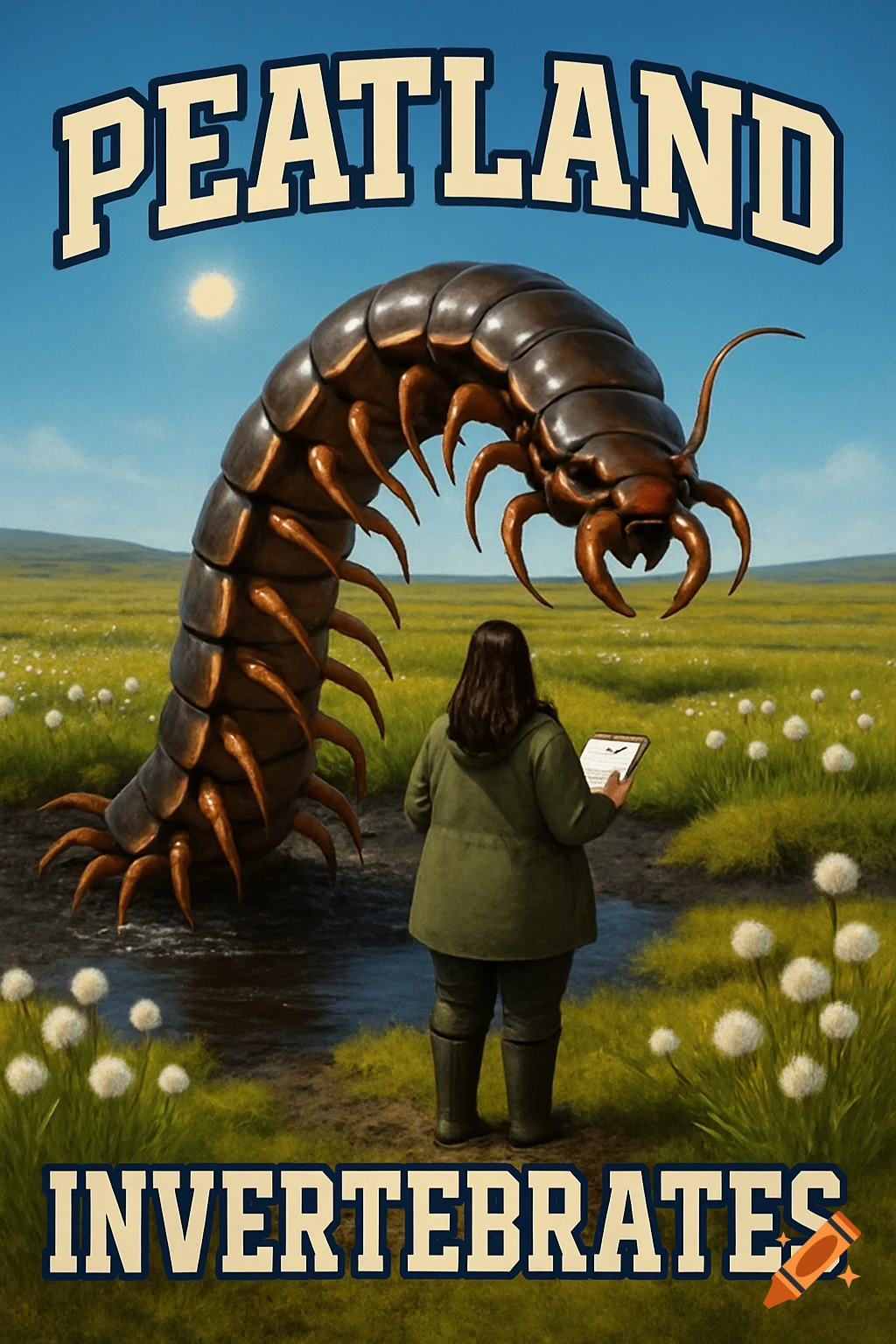 A scientist views a massive centipede emerging from a pond in a peatland, with 'Peatland Invertebrates' text overlay.