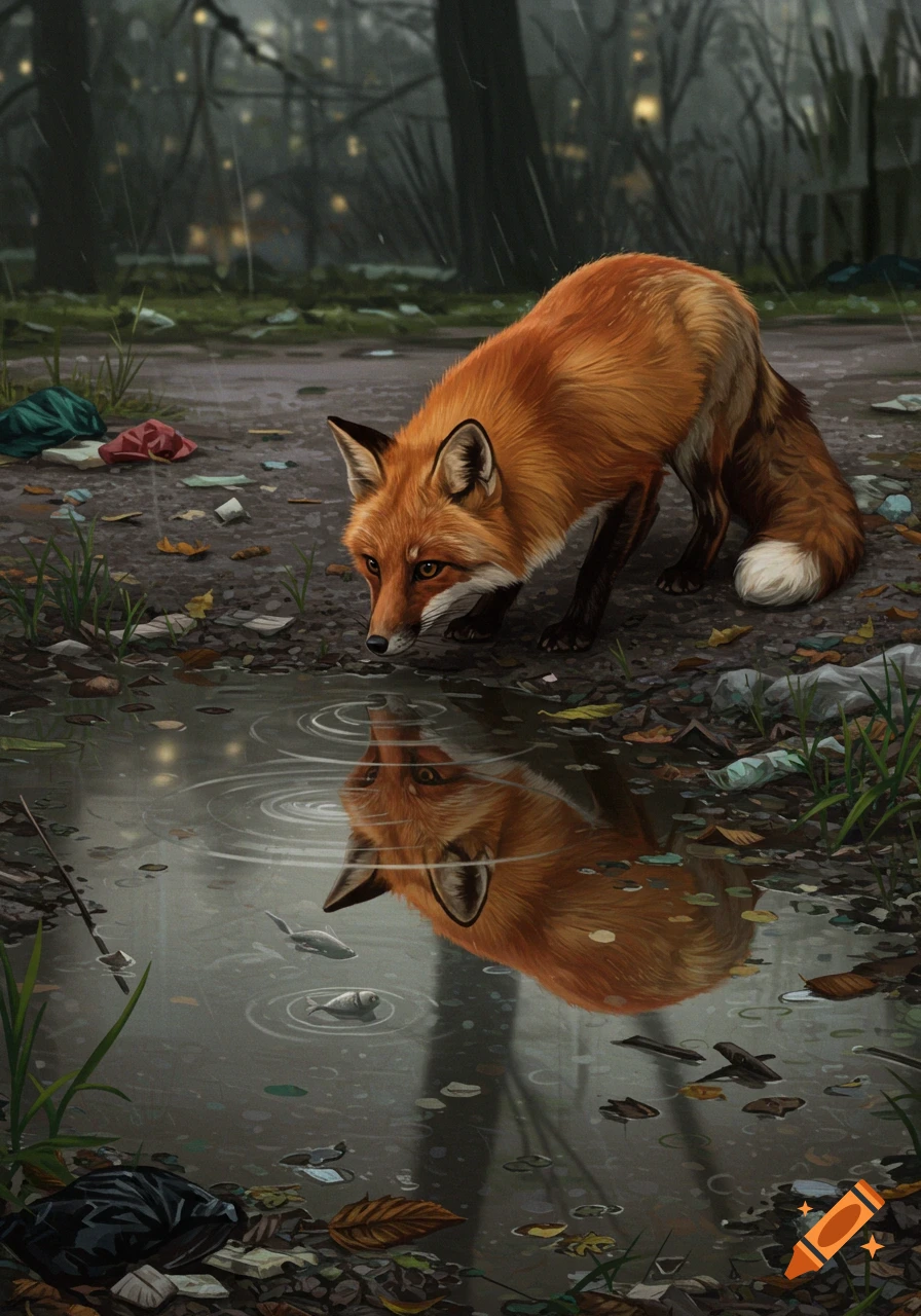 A red fox looks at its reflection in a dirty puddle with two fish, surrounded by trash and fallen leaves in a rainy forest illustration.