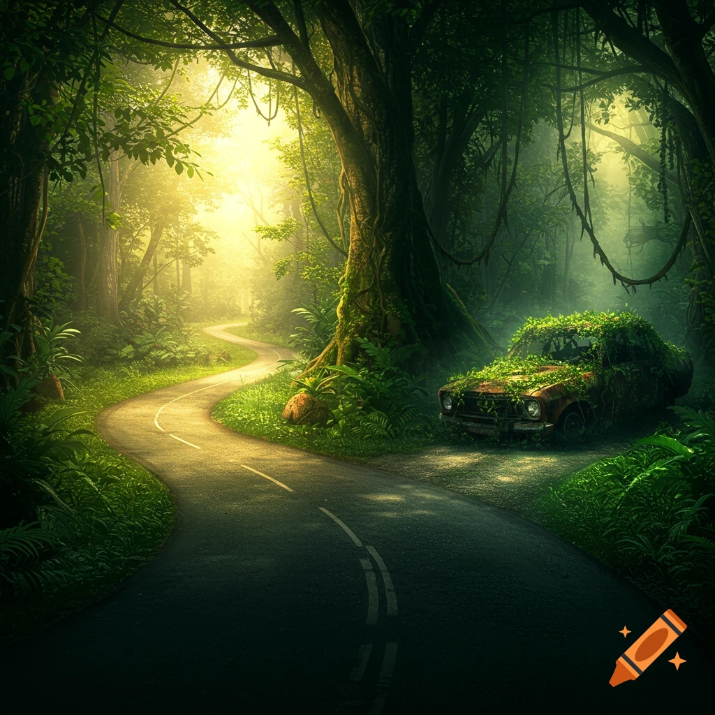 A winding road disappears into a bright, misty jungle, with an old, overgrown car parked beside a large tree.