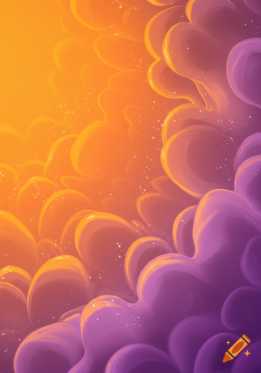 Abstract background with soft, bulbous shapes in an orange to purple gradient, speckled with small white dots.