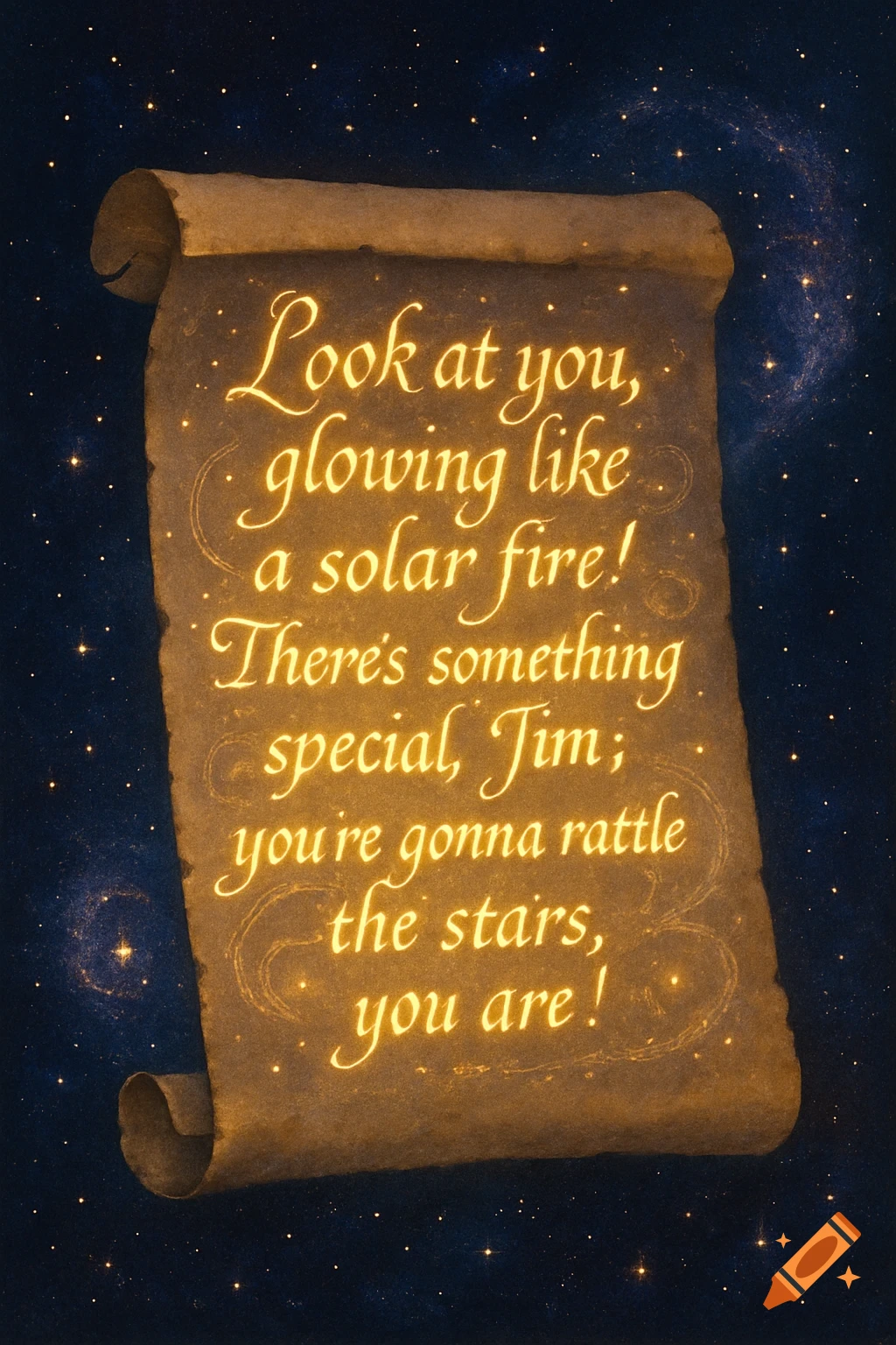 An illuminated, old scroll with a glowing poem on it, set against a dark starry sky with nebulae.