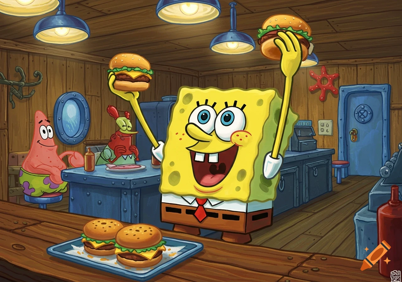 Spongebob Squarepants joyfully holds two burgers, standing behind a counter  with Patrick Star and Mr. Krabs in a cartoon restaurant. on Craiyon, image size:1280x896