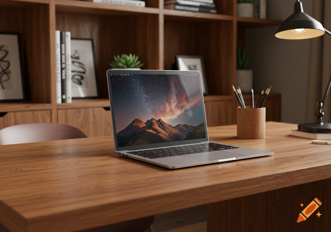 Photorealistic MacBook Pro on a wooden oak desk with a bookshelf and lamp in the background.
