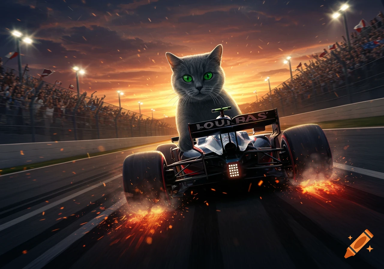 A grey cat with green eyes drives a Formula 1 race car on a track at sunset, with sparks and cheering crowds.