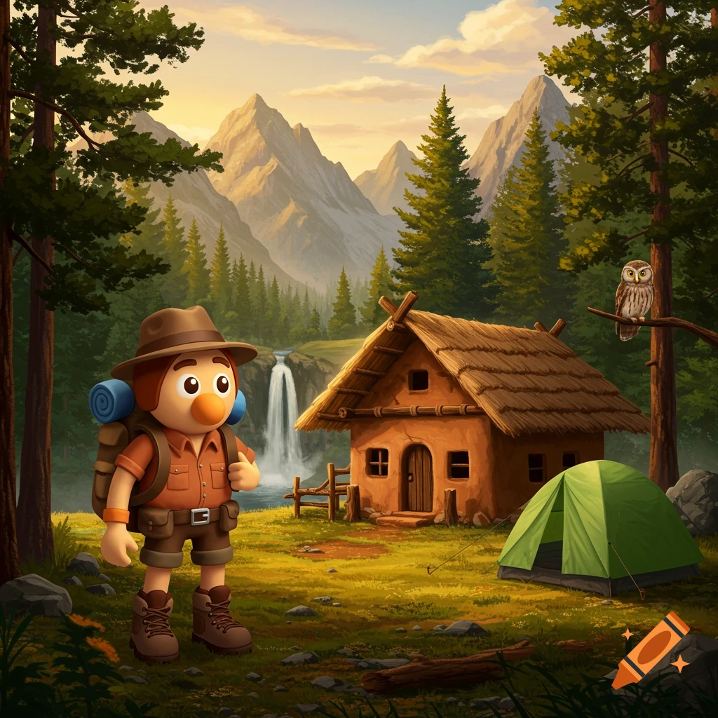A cartoon hiker stands in a vibrant mountain forest scene with a rustic cabin, a green tent, a waterfall, and an owl.