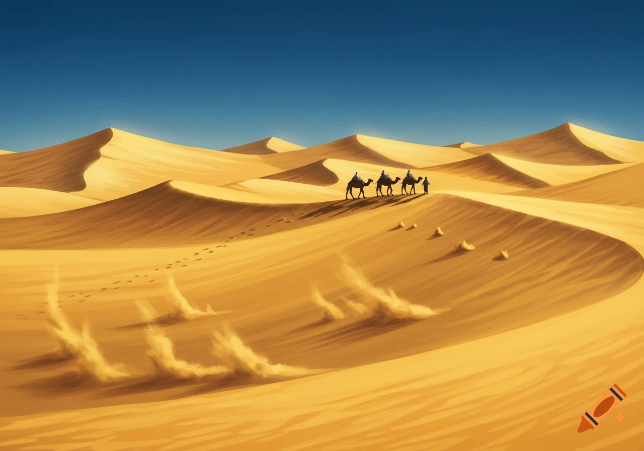 A stylized illustration of a camel caravan with three riders traversing vast golden sand dunes under a clear blue sky.