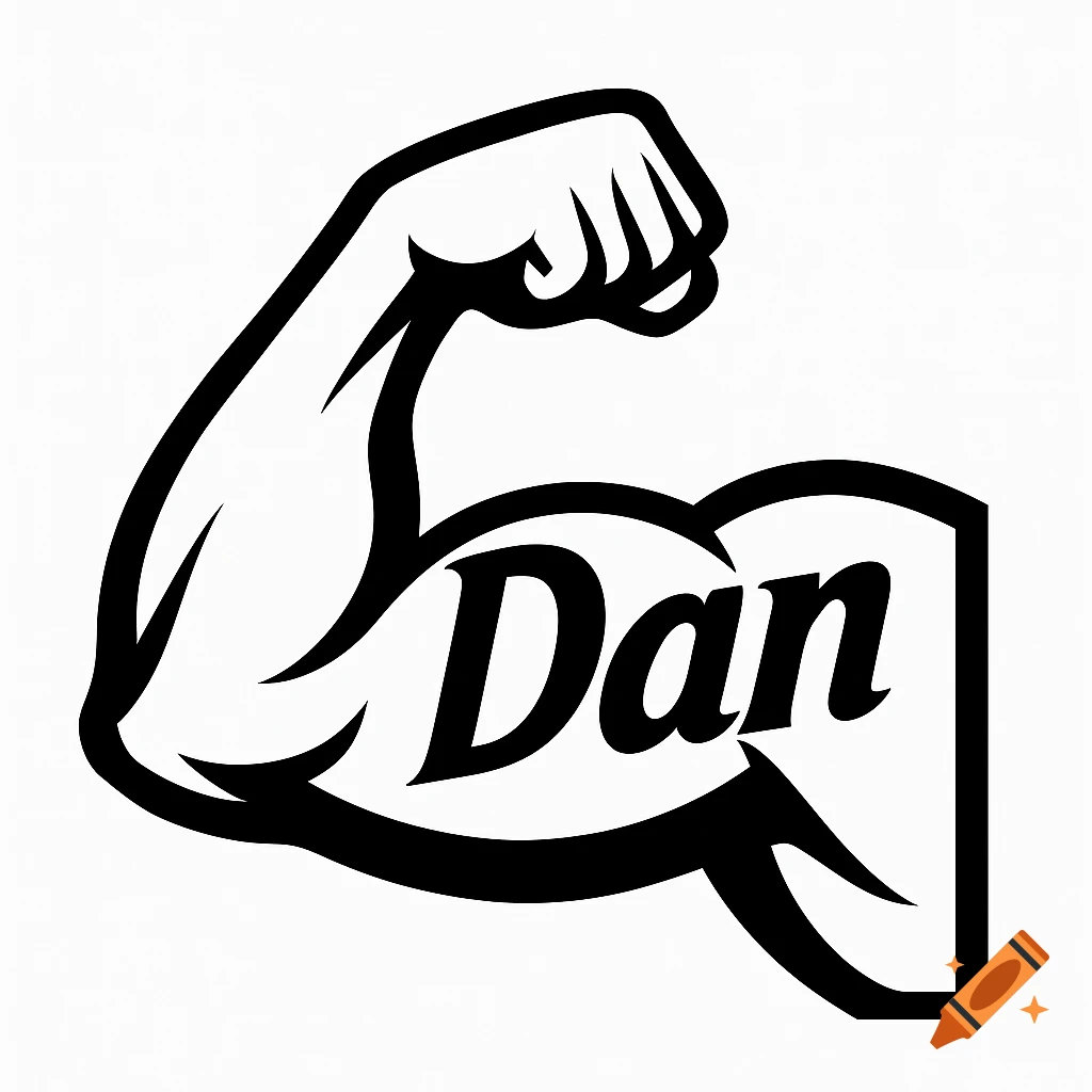 A black and white clip art illustration of a flexing bicep with the word "Dan" written inside it.