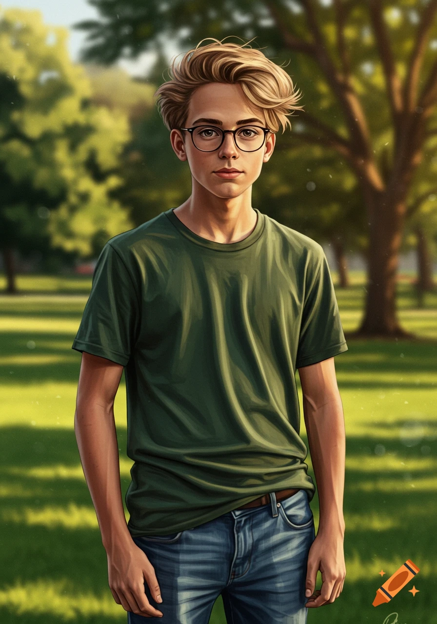 Digital illustration of a young man with messy blond hair and glasses, wearing a green t-shirt and jeans, standing in a sunny park.