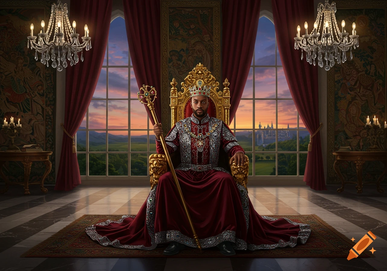A regal king in a red and silver outfit sits on a golden throne in a grand hall, holding a scepter. A castle is visible in the distance.