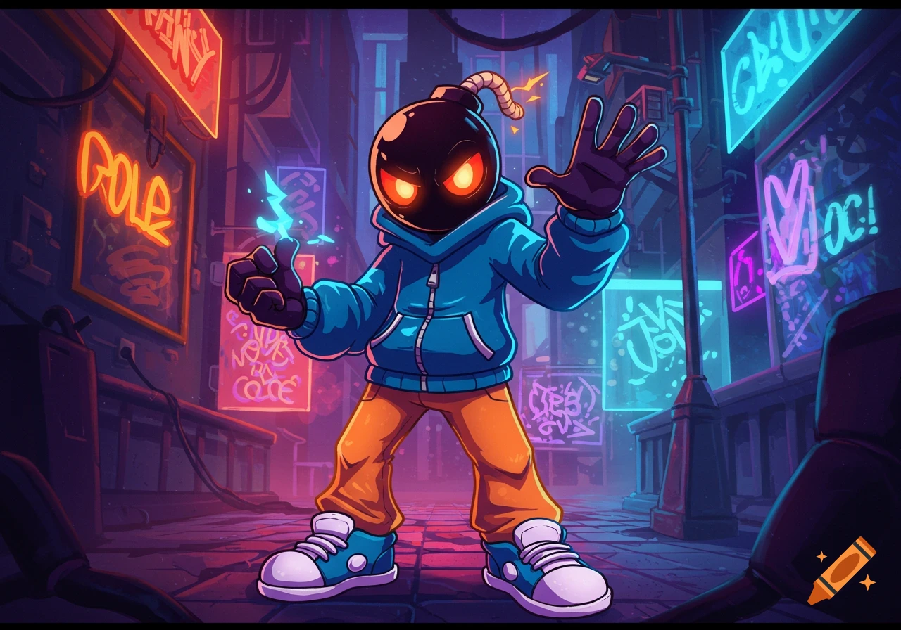 A vibrant cartoon of Whitty, a bomb-headed character in a blue hoodie, standing in a neon-lit cyberpunk alleyway, holding a blue spark.