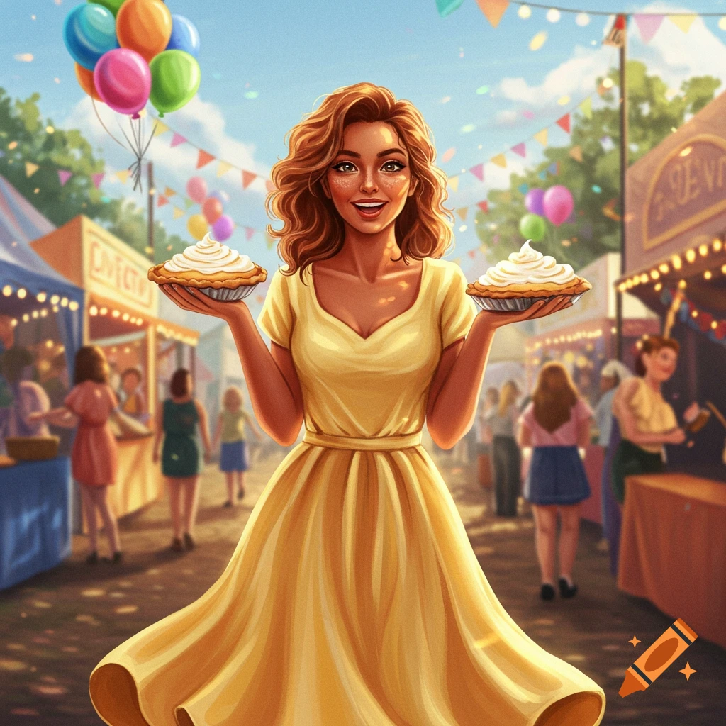 A smiling woman in a yellow dress holds two cream pies at a bustling outdoor fair, with balloons in the background, in an illustrative style.
