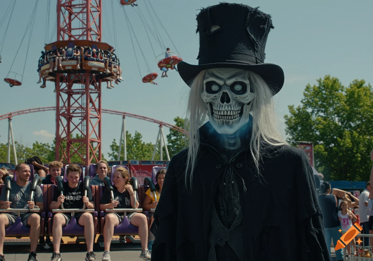 Photorealistic Hatbox Ghost in a top hat and cloak stands at an amusement park with people on rides.