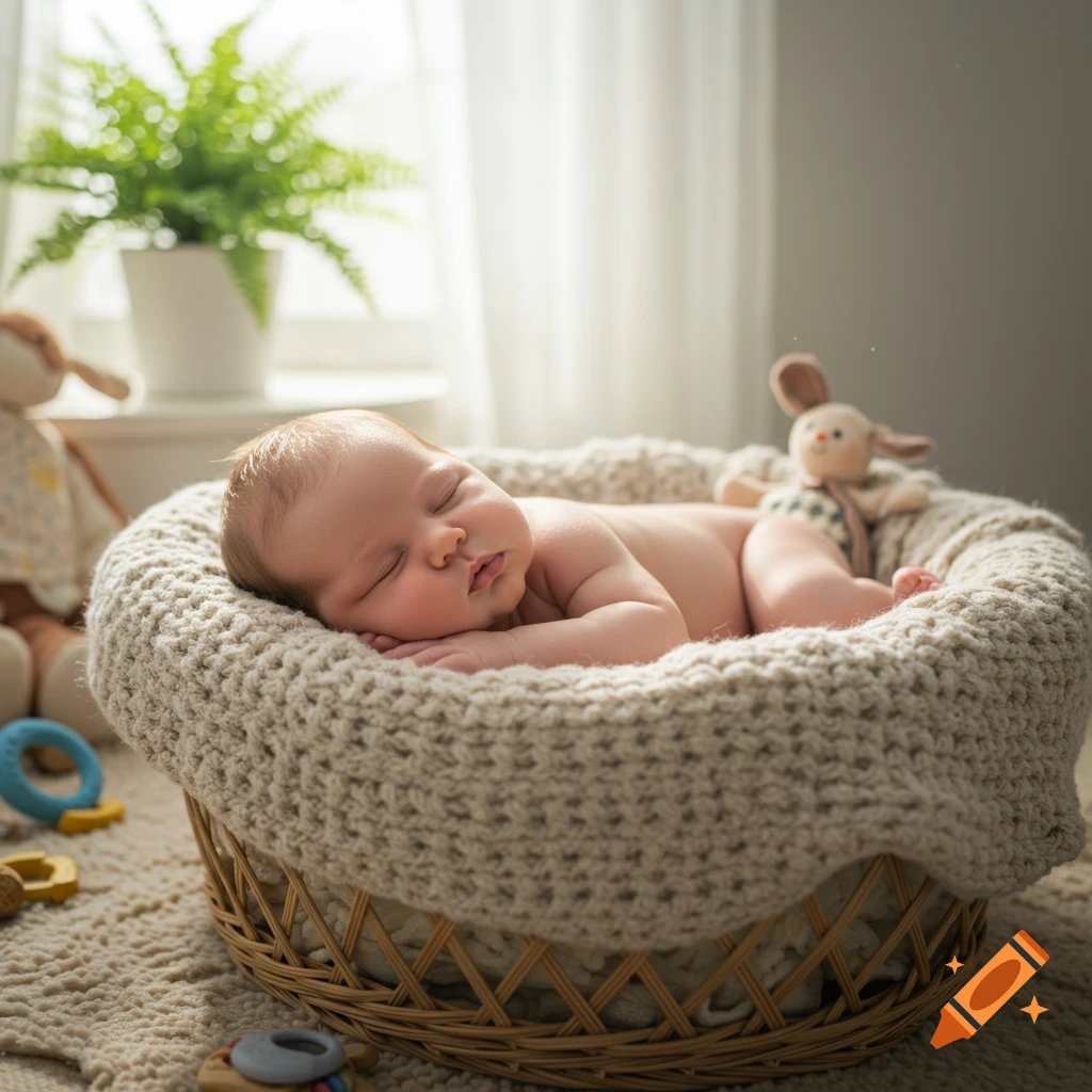 Photorealistic image of a newborn baby sleeping peacefully in a knitted blanket inside a wicker basket near a window.