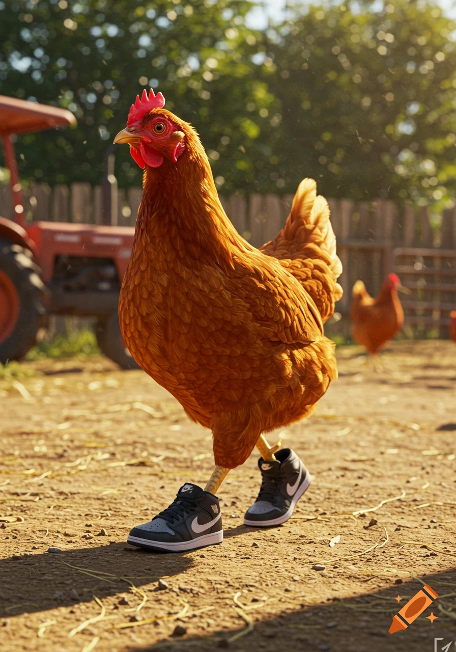 A photorealistic brown chicken stands on dirt wearing black Nike sneakers, with a red tractor and fence in the background.