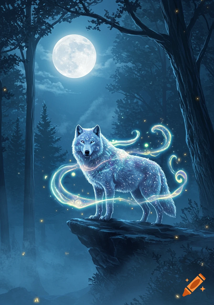 A majestic, glowing magical wolf stands on a rock in a dark forest under a bright full moon, in a stylized digital art style.