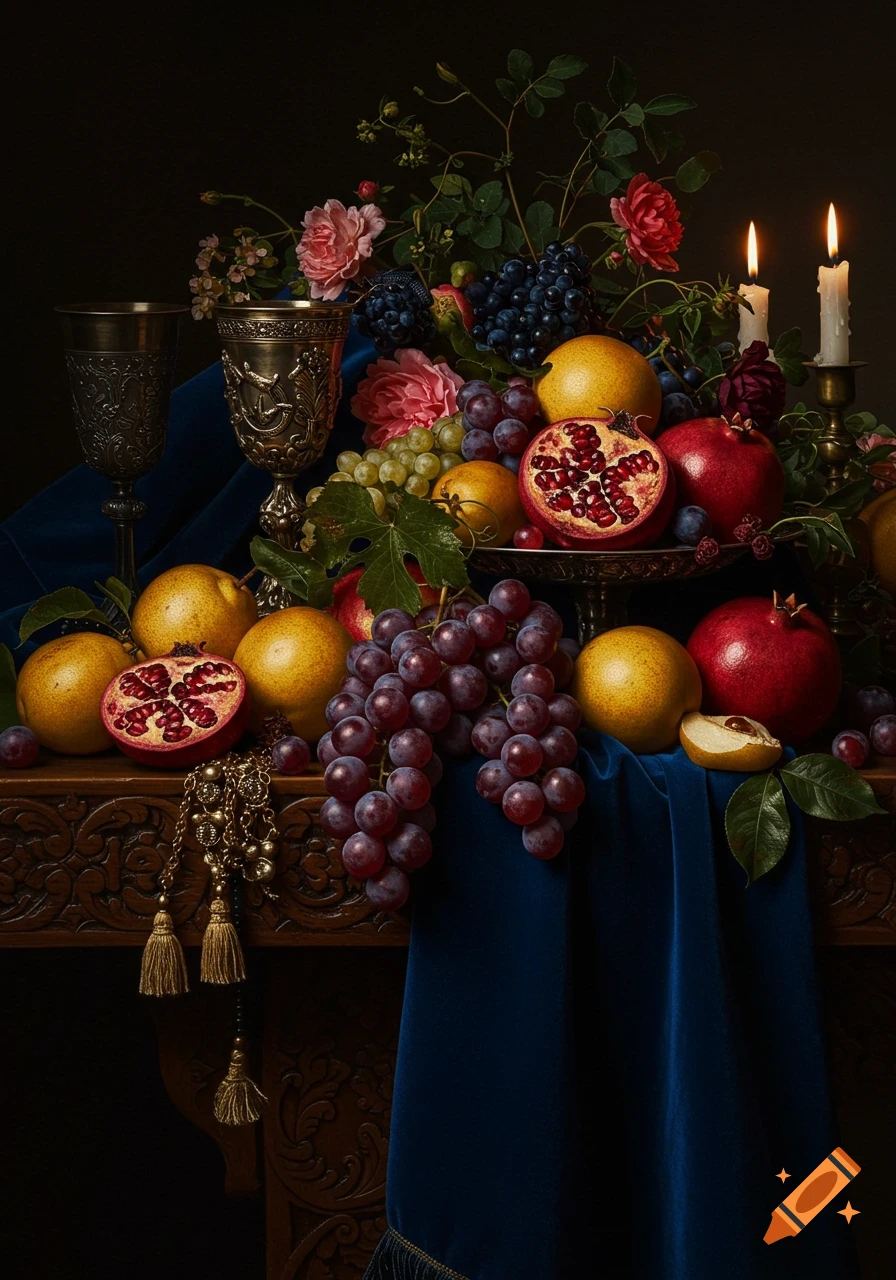 Lush baroque still life with pomegranates, grapes, lemons, and roses, ornate goblets, and lit candles on a carved table with blue velvet.