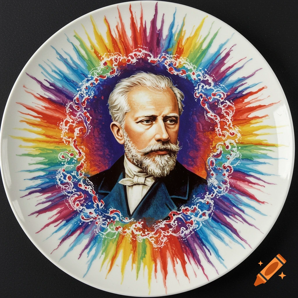 A detailed portrait of Tchaikovsky on a white porcelain plate, surrounded by vibrant, rainbow-colored radiating waves.