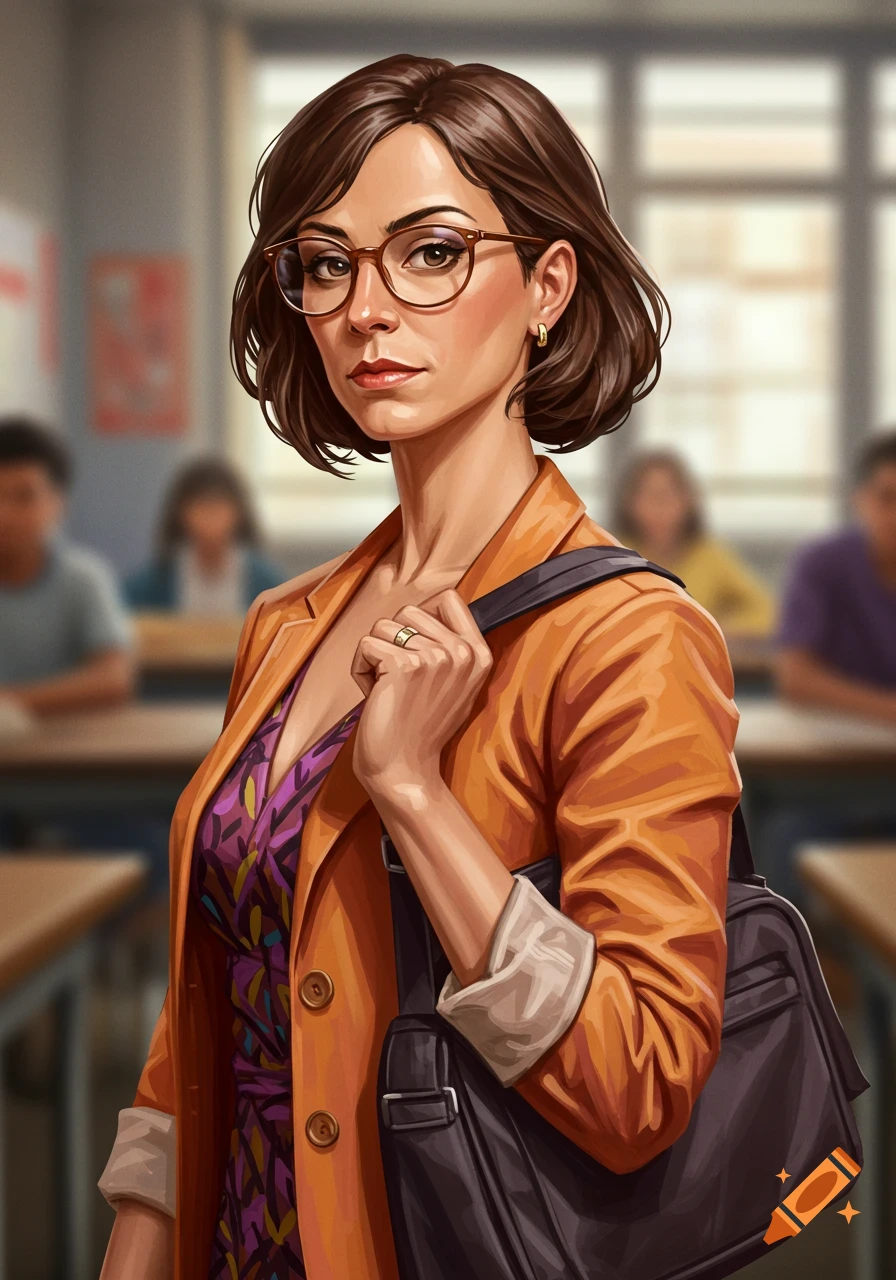 Digital illustration of a woman with glasses, short brown hair, wearing an orange blazer, holding a bag in a blurred classroom.