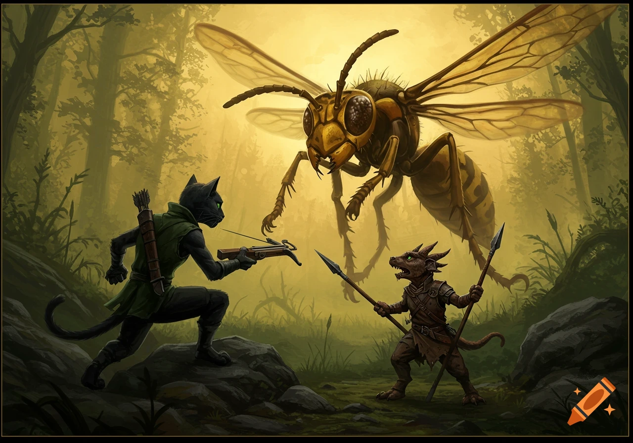 A cat-person with a crossbow and a kobold with spears confront a giant wasp in a stylized fantasy forest.