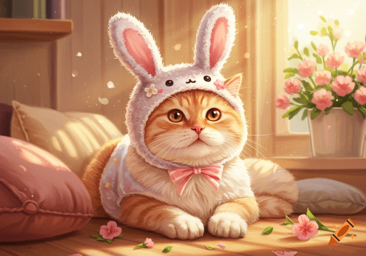 A fluffy ginger cat with big brown eyes wears a white bunny-eared hat and a pink bow tie, lying on a sunny floor with flowers.