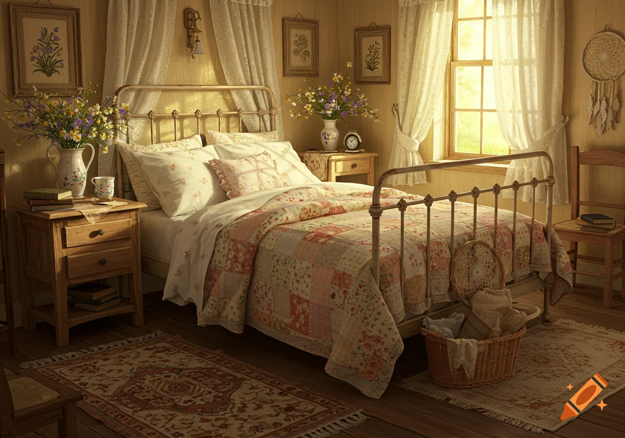 A cozy cottagecore bedroom with a wrought-iron bed, floral patchwork quilt, wooden nightstands, and a sunlit window.