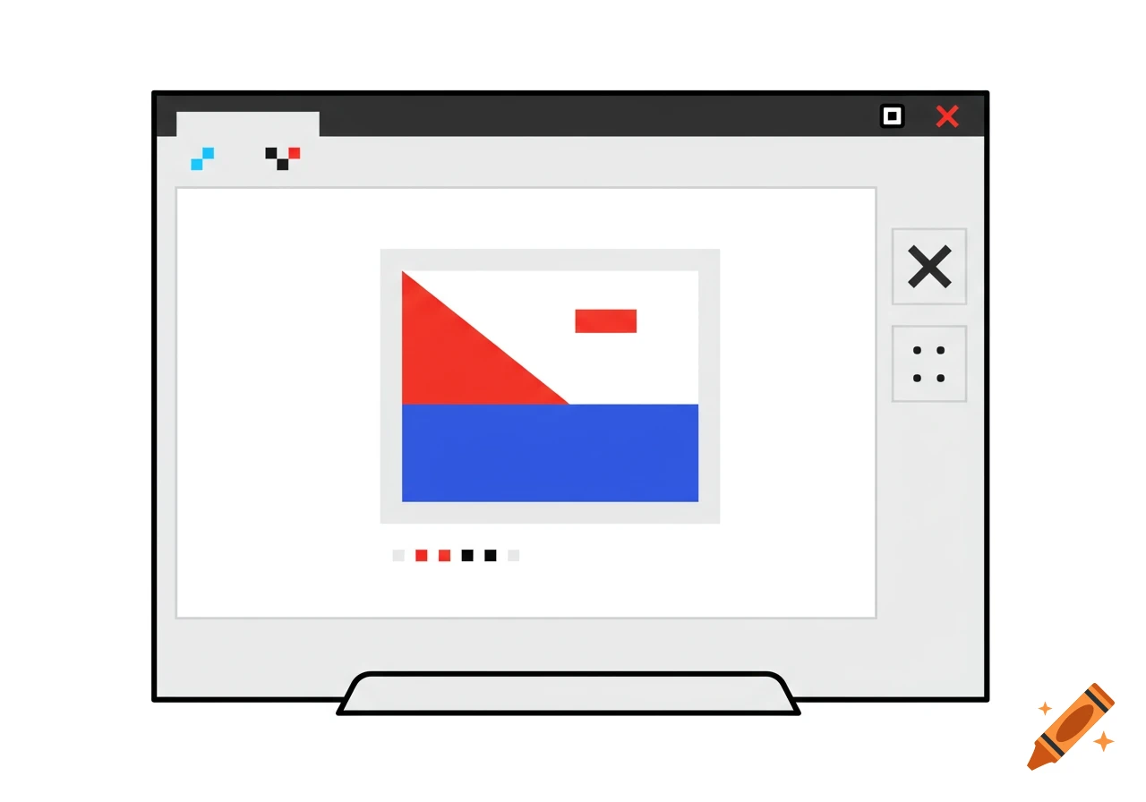 A stylized pixel art illustration of a computer window, possibly Microsoft Paint, showing a simple red and blue abstract graphic.