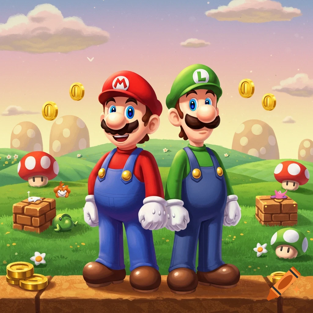 Mario and Luigi stand side-by-side in a vibrant, cartoonish Super Mario Bros. landscape with coins, mushrooms, and enemies.