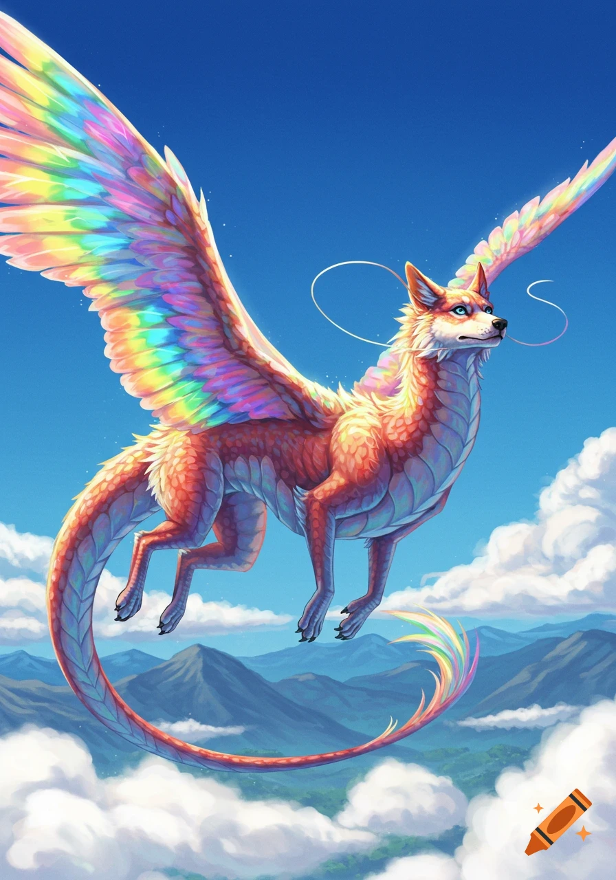 A vibrant rainbow dog-dragon with large feathered wings soars through a bright blue sky above clouds and mountains, digital art.